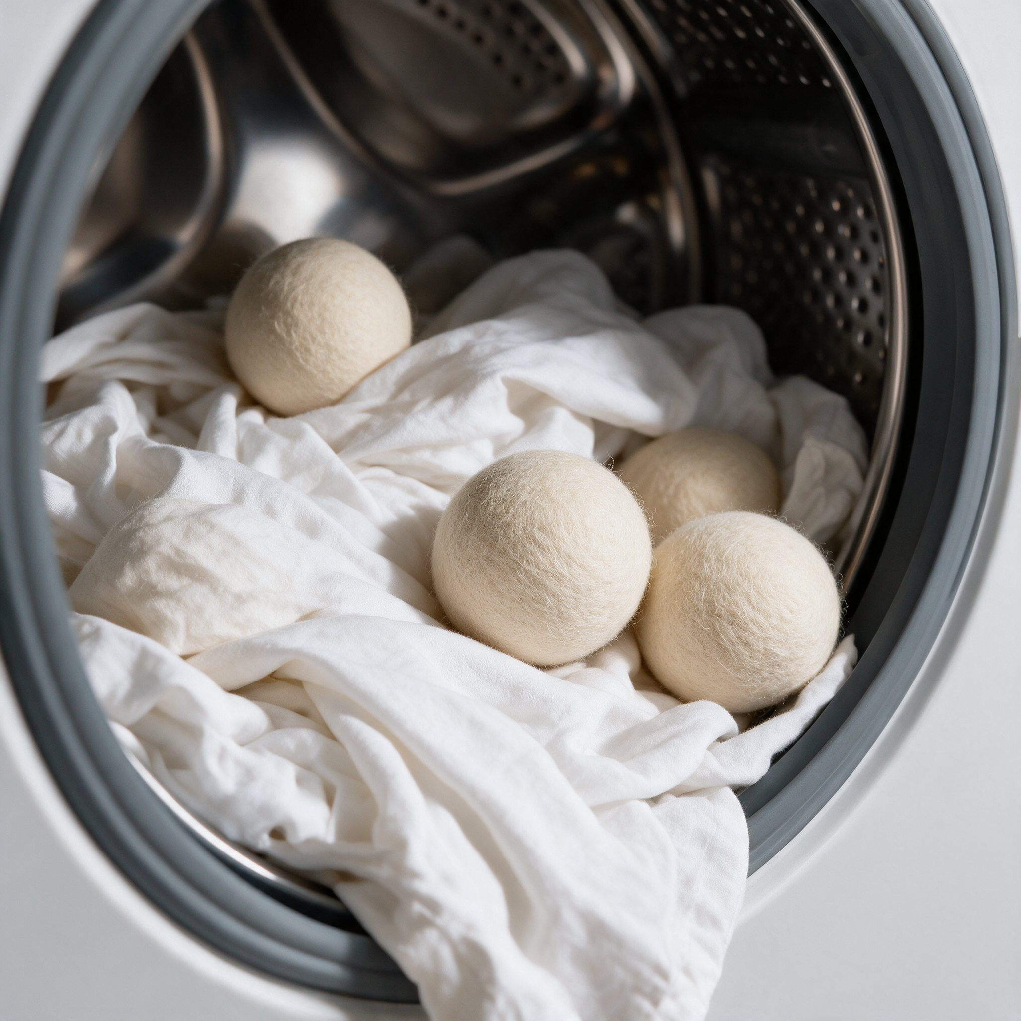 Four natural wool dryer balls resting on a white fabric sheet inside a stainless steel washing machine drum.